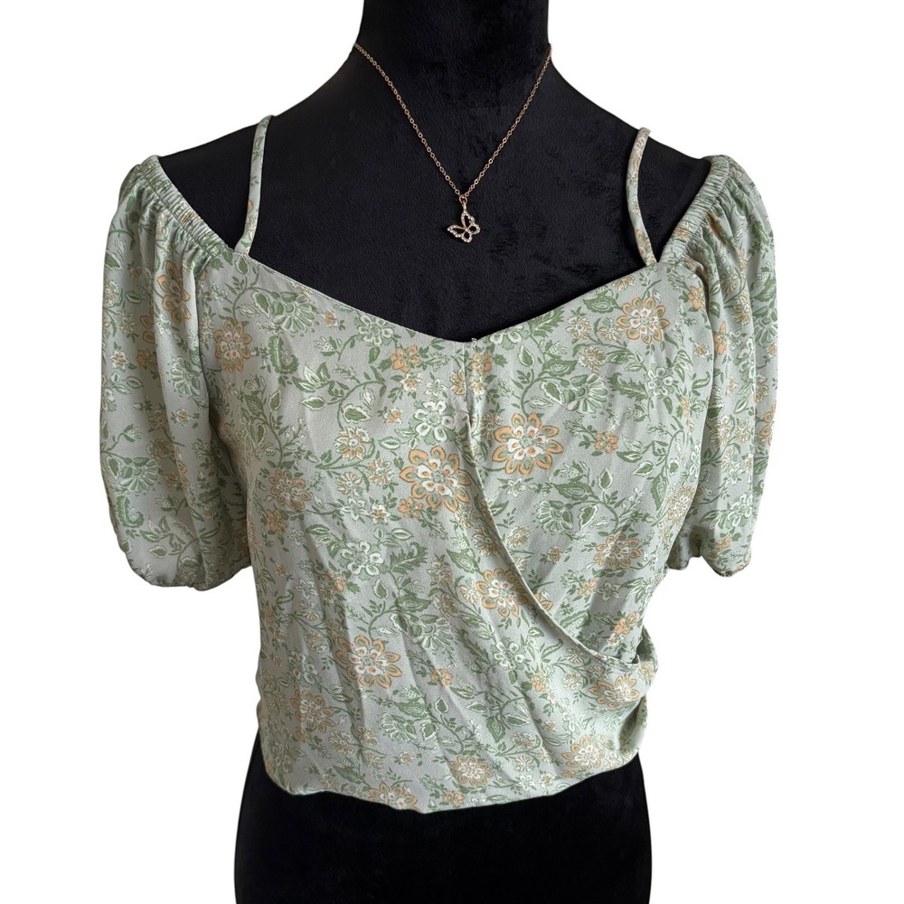 Sienna Sky Floral Puff Sleeve Smocked Back Cold Shoulder‎ Blouse Sage Green M